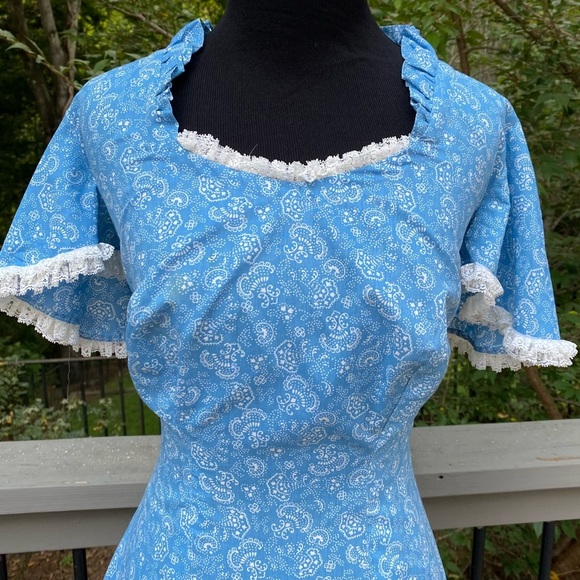 Vintage 60s 70s Floral Paisley Flutter Sleeve Cottagecore Lace Fit Flare Dress - Picture 6 of 14